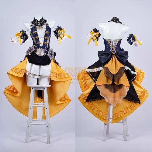 Genshin Impact Navia Cosplay Yellow Printed Crow Tail Skirt Costume