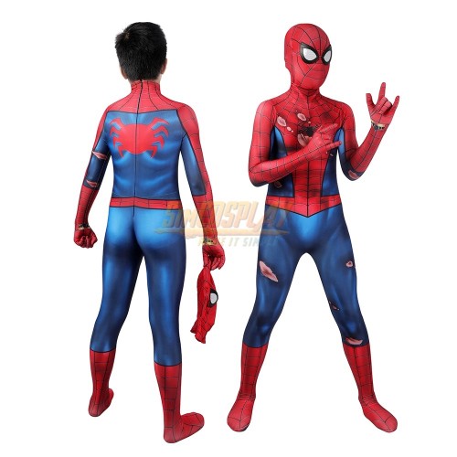 Kids Spiderman PS5 Classic Suit Cosplay Costume Damaged Printed