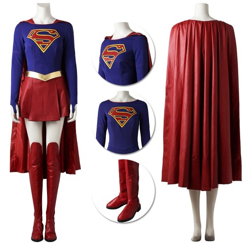 Supergirl Cosplay Costume Classic Red Faux Leather Cloak Suit