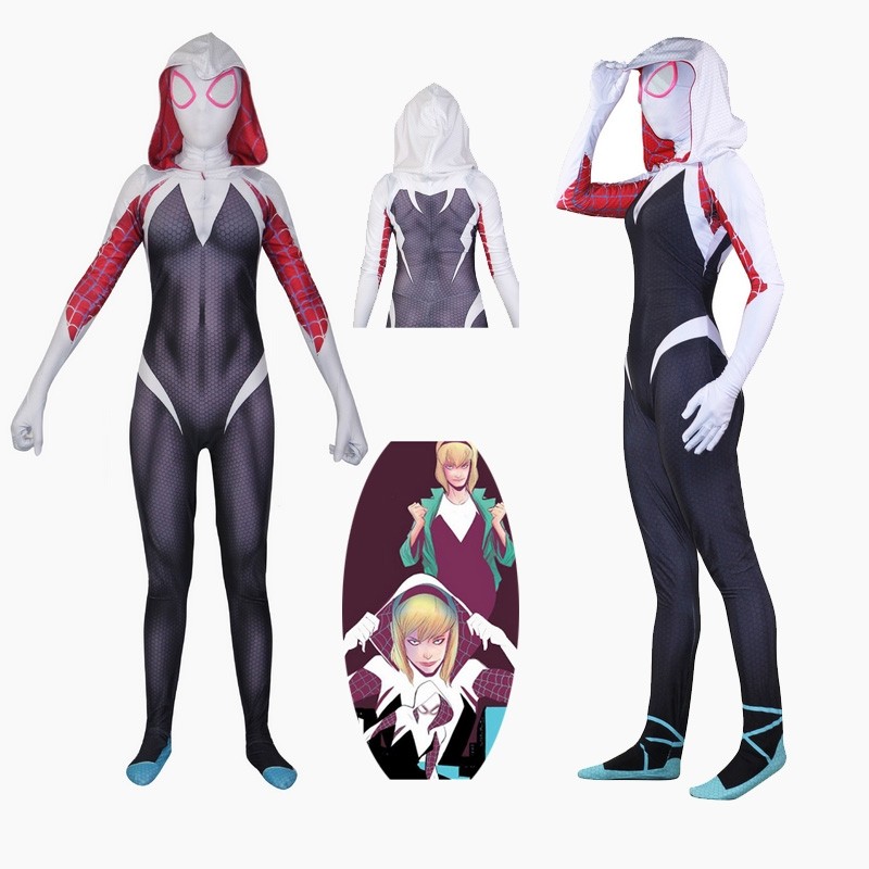 US Spider-Gwen Gwen Stacy Cosplay Costume Jumpsuits Spider-Man Spandex Bodysuits 