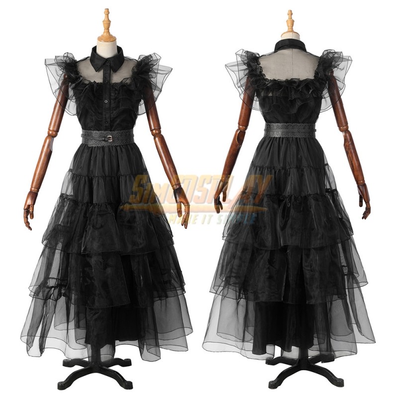 Women Wednesday Addams Cosplay Costume Black Long Sleeve Dress