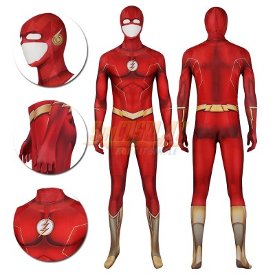 TF S8 Barry Allen Cosplay Costume Gold Boots Spandex Printed Edition