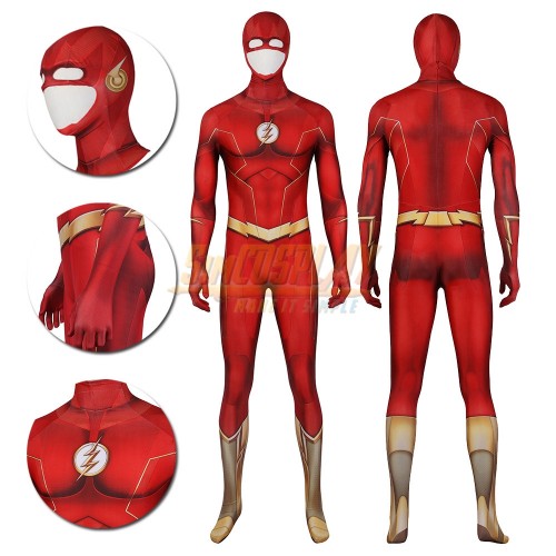 TF S8 Barry Allen Cosplay Costume Gold Boots Spandex Printed Edition